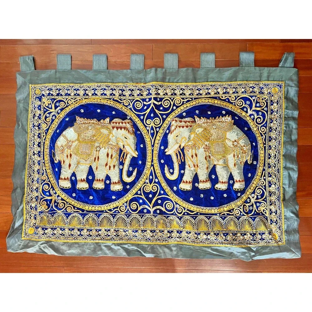 Vtg Thai Burmese KALAGA Sequined Elephants Tapestry Wall Hanging 35 X 53 Curtain